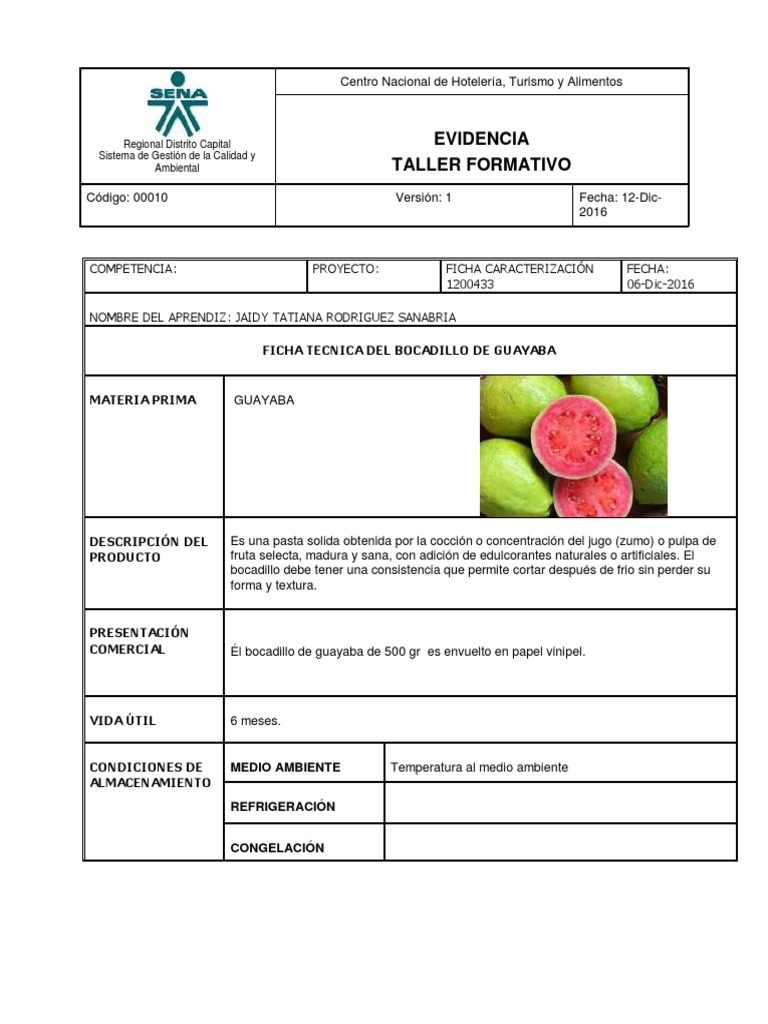 Ficha Tecnica Bocadillo de Guayaba 1200433 Alimentos Agua