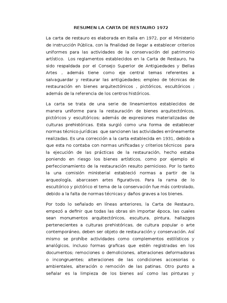 Resumen Sobre Carta de Restauro 1972  Escultura  Arqueología