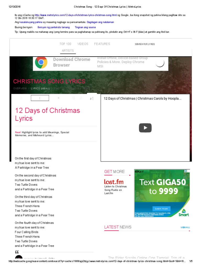12 Days of Christmas Lyrics - MetroLyrics | PDF | Christmas | Songs