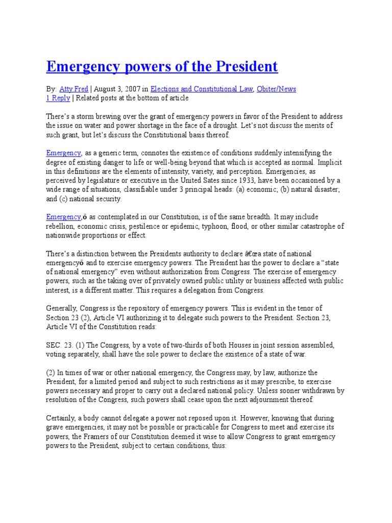 Emergency Powers of The President | PDF | State Of Emergency | United ...