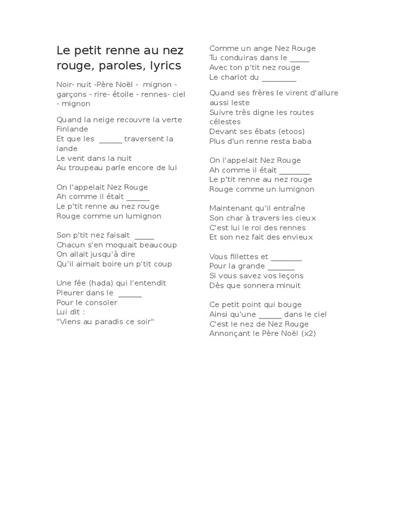 Le Renne Au Nez Rouge Paroles Francais Le Petit Renne Au Nez Rouge | PDF
