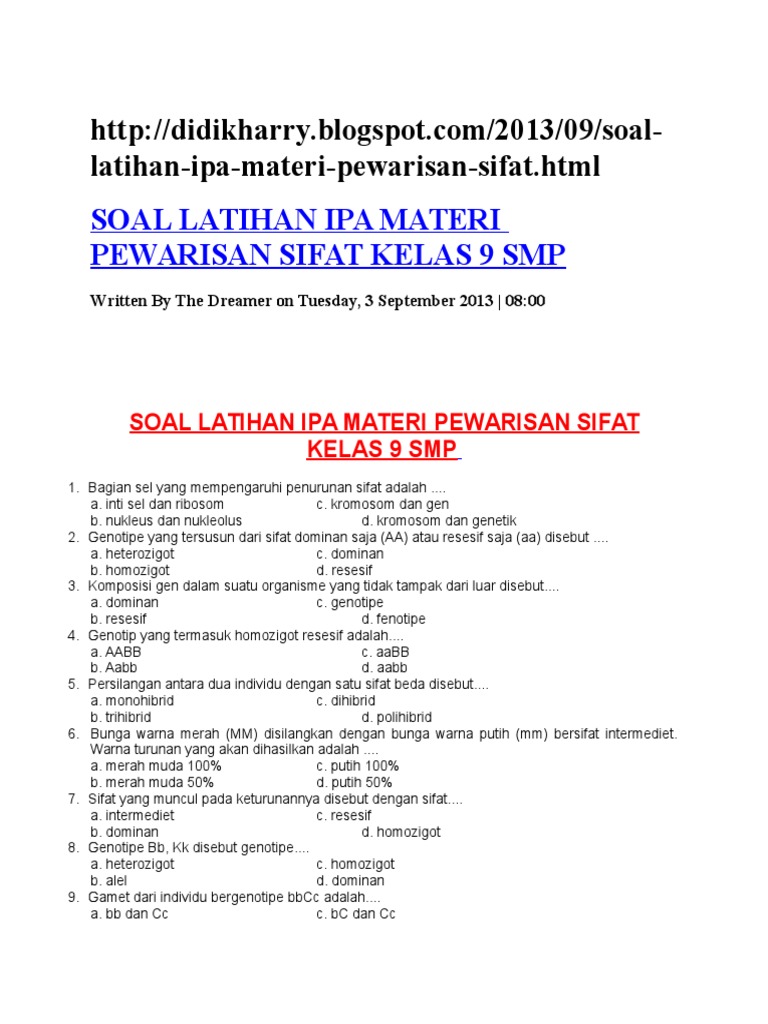 Soal Pilihan Ganda Bab Pewarisan Sifat Kelas 9