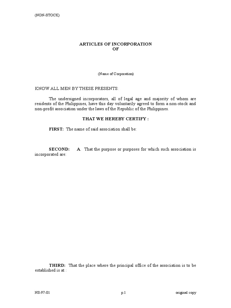 Template AOI (NonStock) Corporations Notary Public