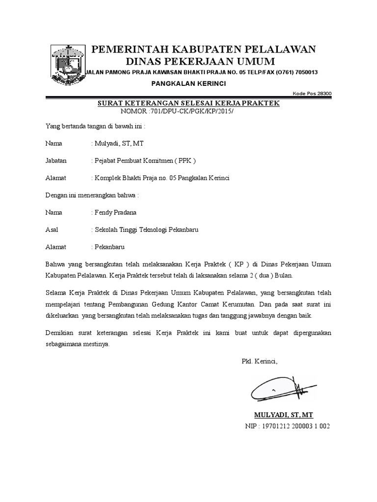 Surat Keterangan Selesai Kp
