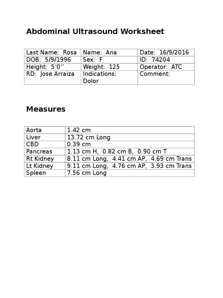 Abdominal Ultrasound Worksheet PDF