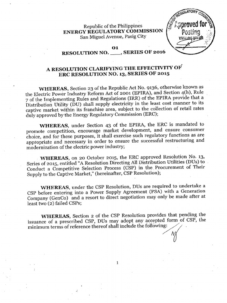 Resolution No. 01, Series of 2016, A Resolution Restating The Effectivity of ERC Resolution No