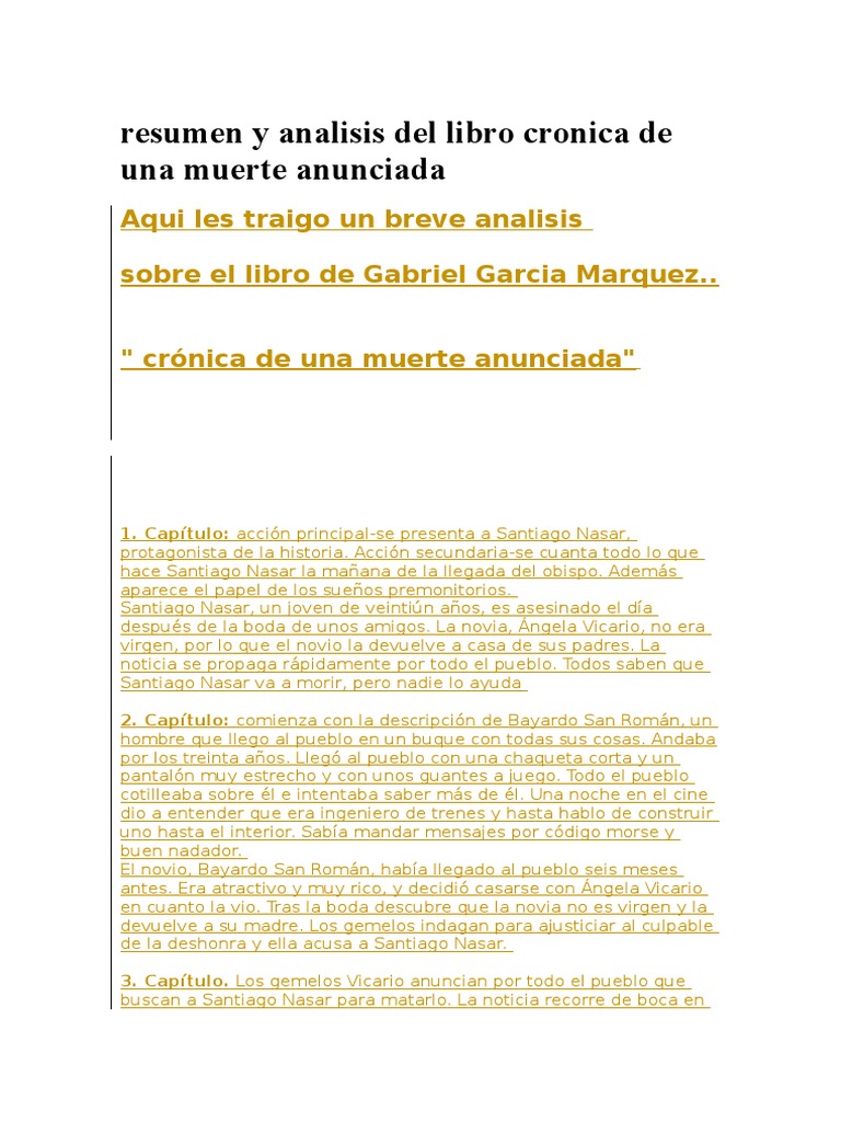 Resumen Y Analisis Del Libro Cronica De Una Muerte Anunciada Gabriel Garcia Marquez Narrativa