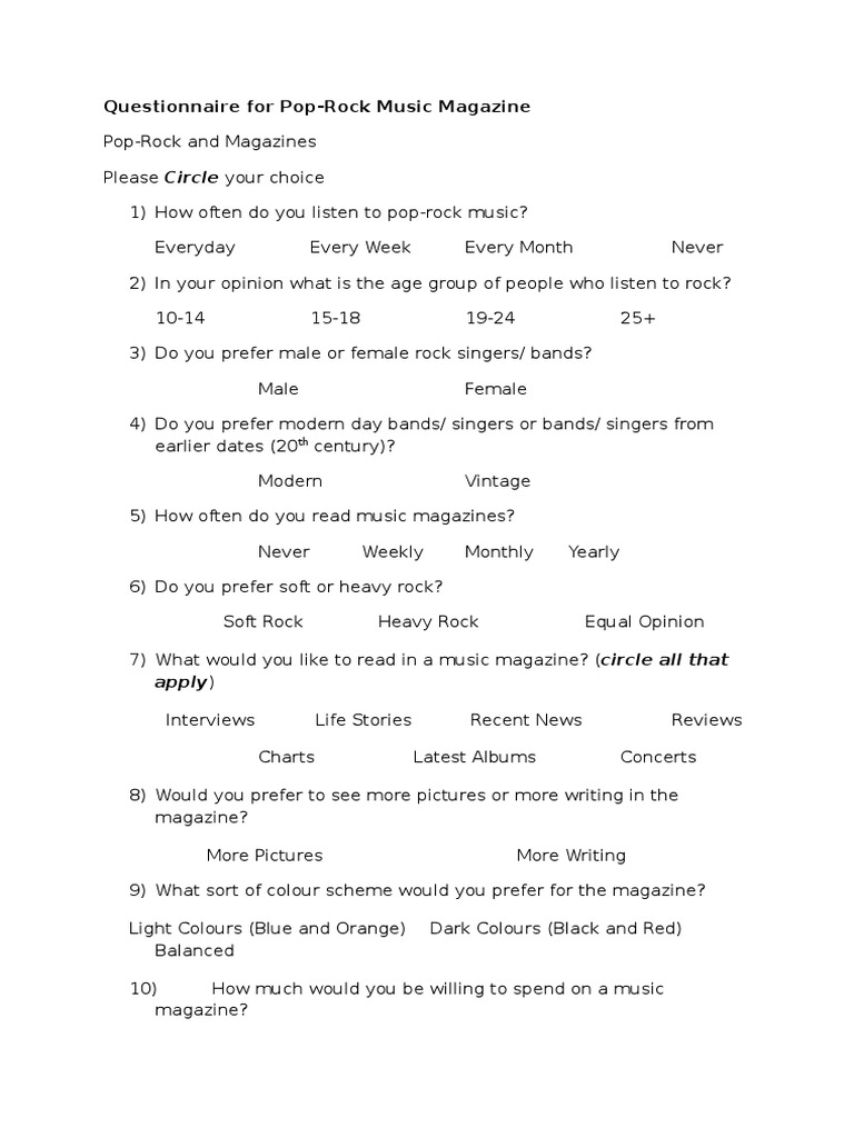 Pop-Rock Music Magazine Survey Questionnaire | PDF