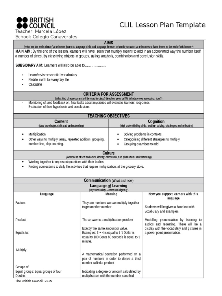 CLIL Maths Lesson Plan Template | PDF | Lesson Plan | Multiplication