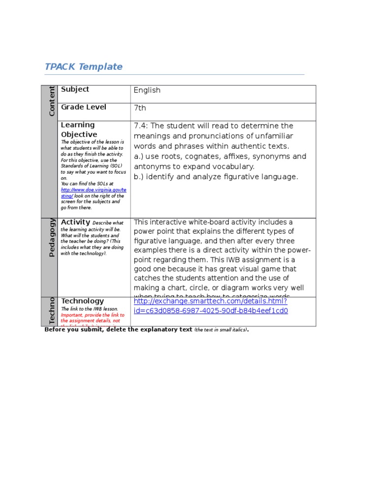 Tpack Template Iwb | PDF | Language Arts & Discipline