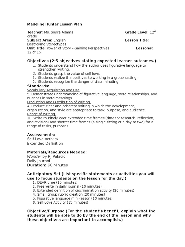 Madeline Hunter Lesson Plan Modified  Discrimination  Rubric Within Madeline Hunter Lesson Plan Template Word