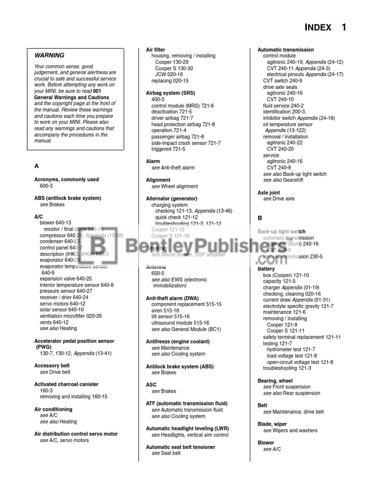 MINI Cooper Service Manual: 2002-2006 - Complete Index | Transmission  (Mechanics) | Airbag