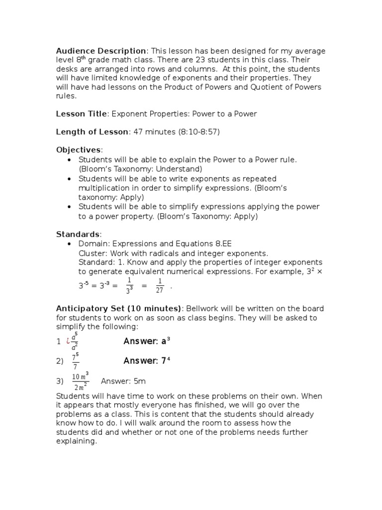 Exponents Lesson Plan 3 | PDF | Exponentiation | Educational Assessment