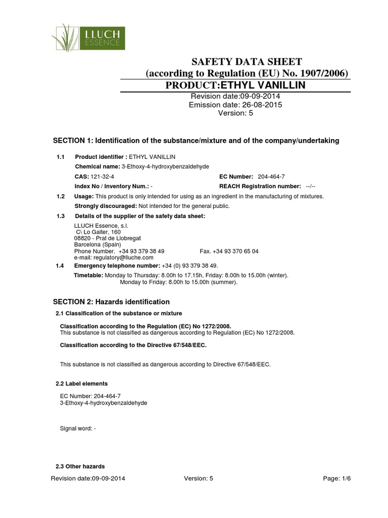 MSDS Ethyl Vanillin Dangerous Goods Safety