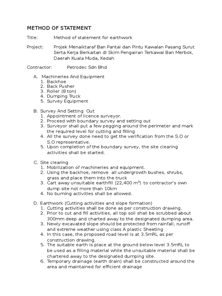 Earthworks Method Statement for Merbok | PDF | Drainage | Surveying