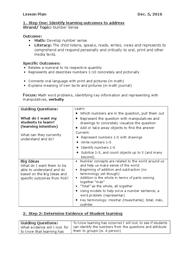 Number Sense Lesson Plan for Grades K-2 | PDF | Educational Assessment ...