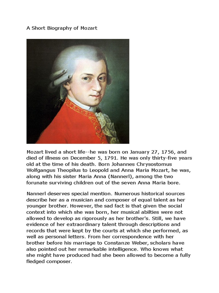 A Short Biography of Mozart Wolfgang Amadeus Mozart Classical