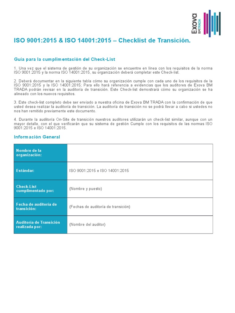 Checklist de Transición ISO 9001 y 14001 | PDF | Planificación ...