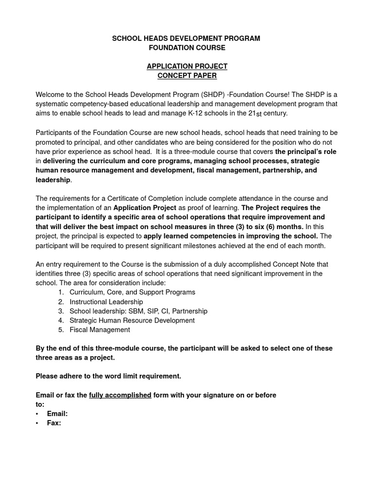 SHDP Application Project Concept Note Template Curriculum