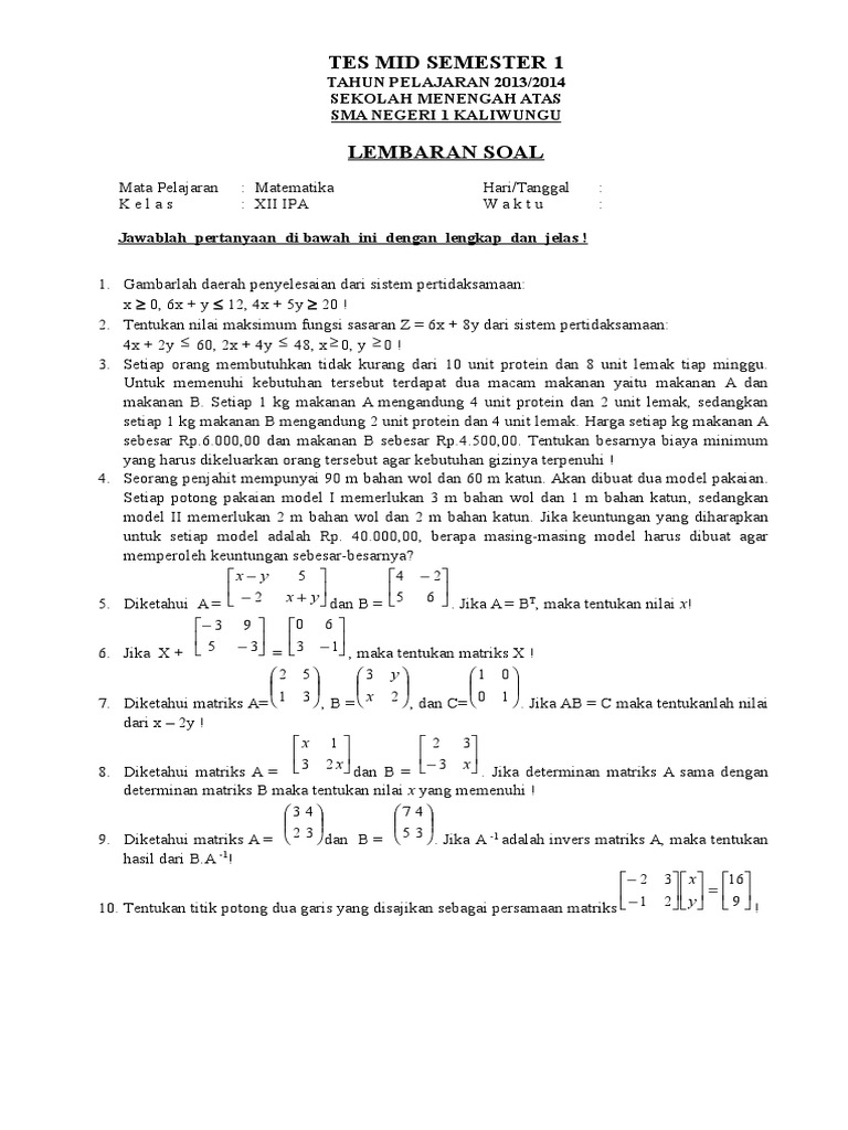 Soal Matematika Sma Uts Kelas Xii Ipa Semester 1