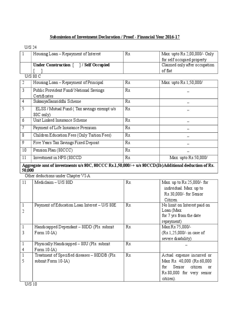 Investment Declaration or Proof Form-2016-17 | PDF | Finance & Money ...