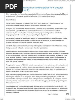 Reference Letter Example for Student Applying for Master Programme in Computer Science