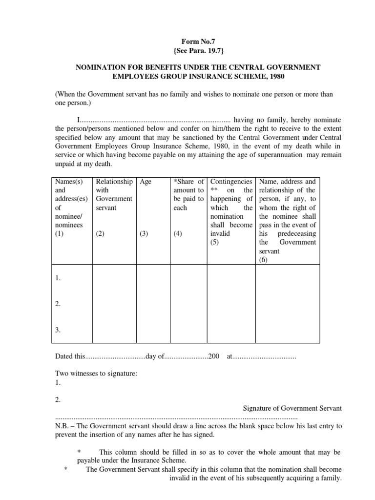 Form No.7 (See Para. 19.7) Nomination For Benefits Under The Central ...
