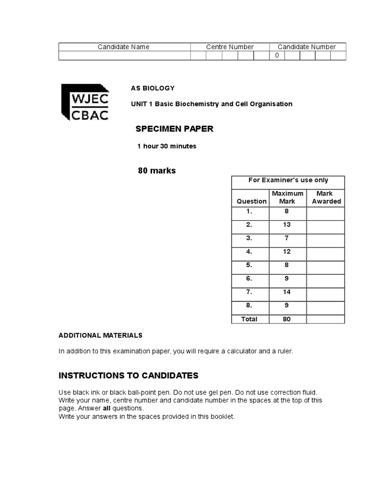 Specimen Paper: As Biology UNIT 1 Basic Biochemistry and Cell ...