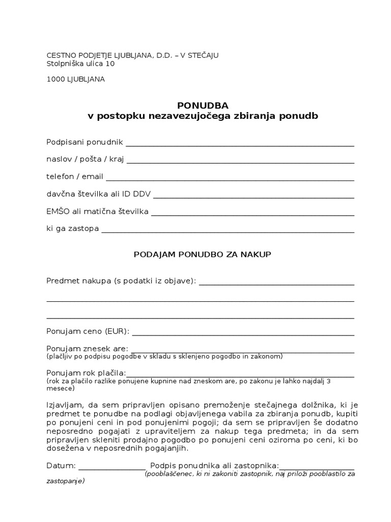 Ponudba Nezavezujoče Zbiranje Ponudb Obrazec | PDF