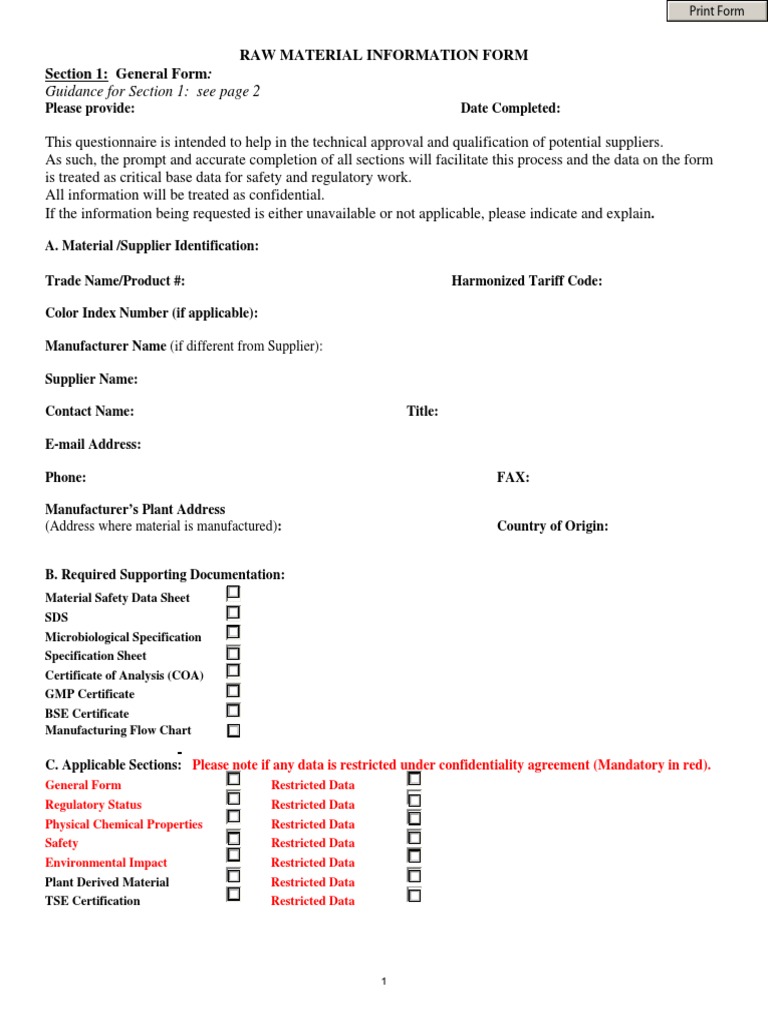Guidance For Section 1: See Page 2: Raw Material Information Form ...
