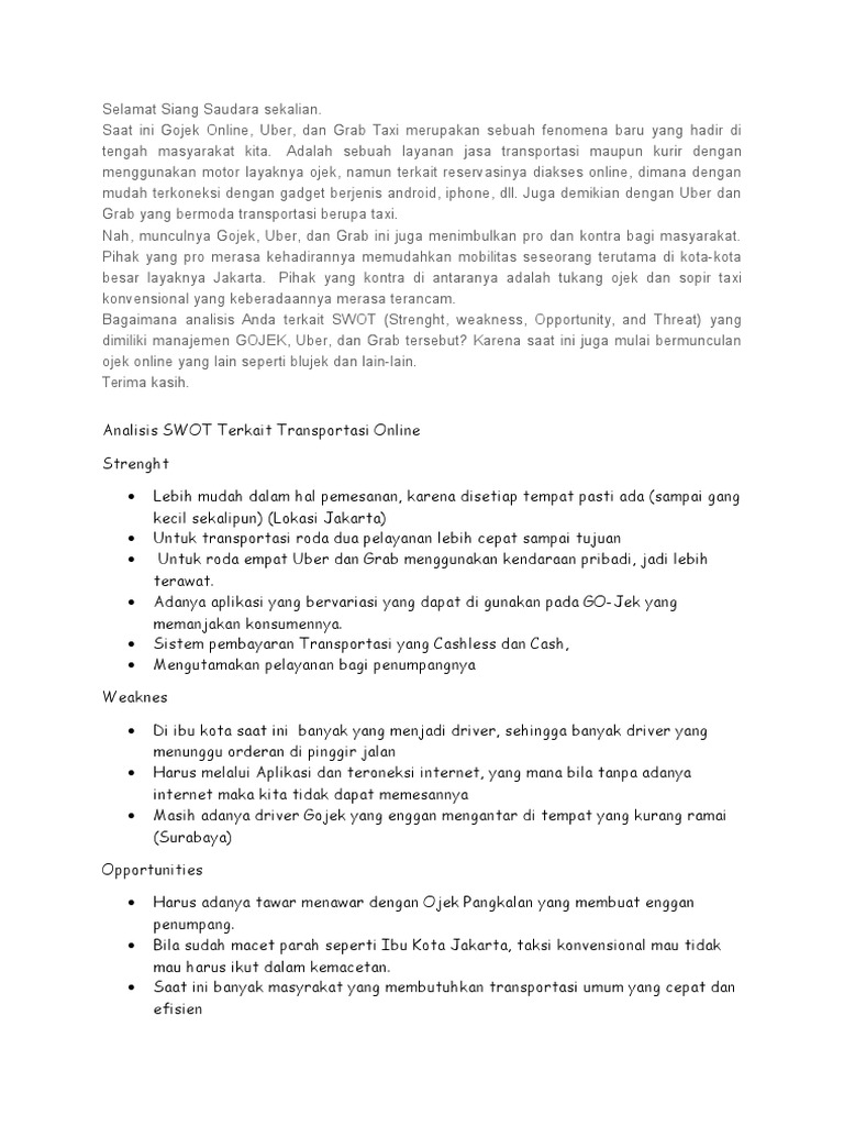 Analisis Swot Gojek, Uber Dan Grab
