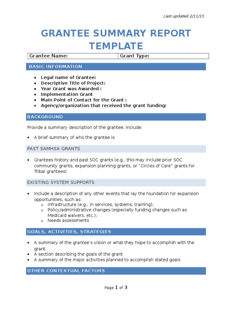 Grant Summary Report Template Draft  PDF  Grant (Money)  Governance Throughout Funding Report Template