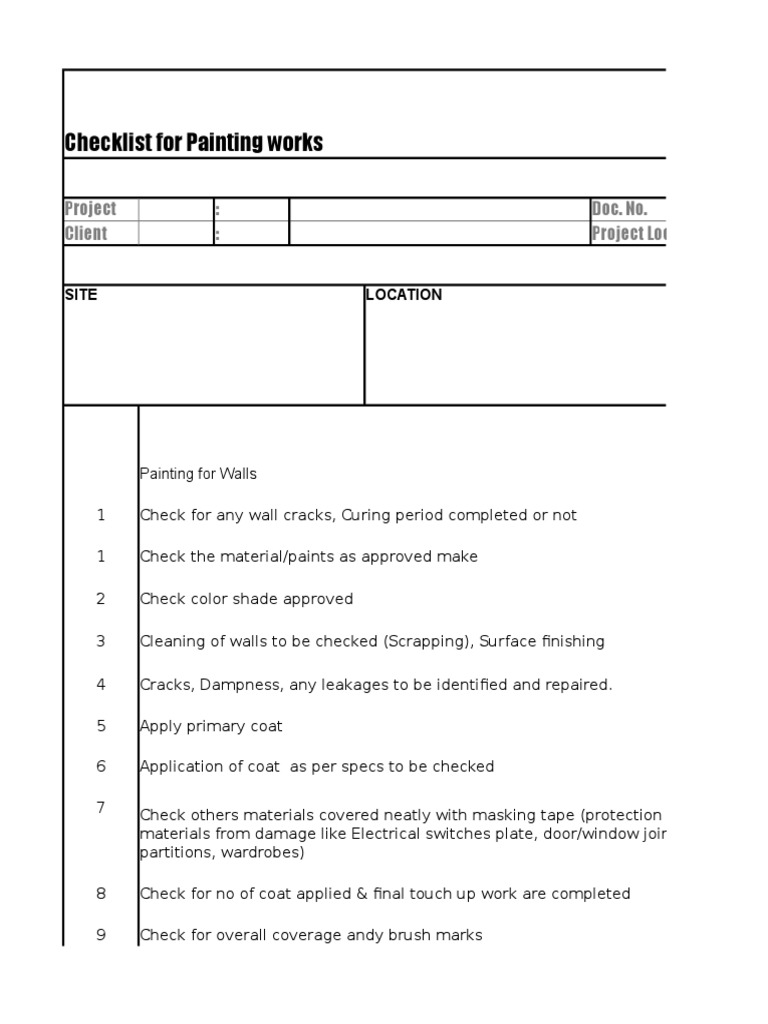 Checklist for Painting works Project Doc. No. Client Project Location