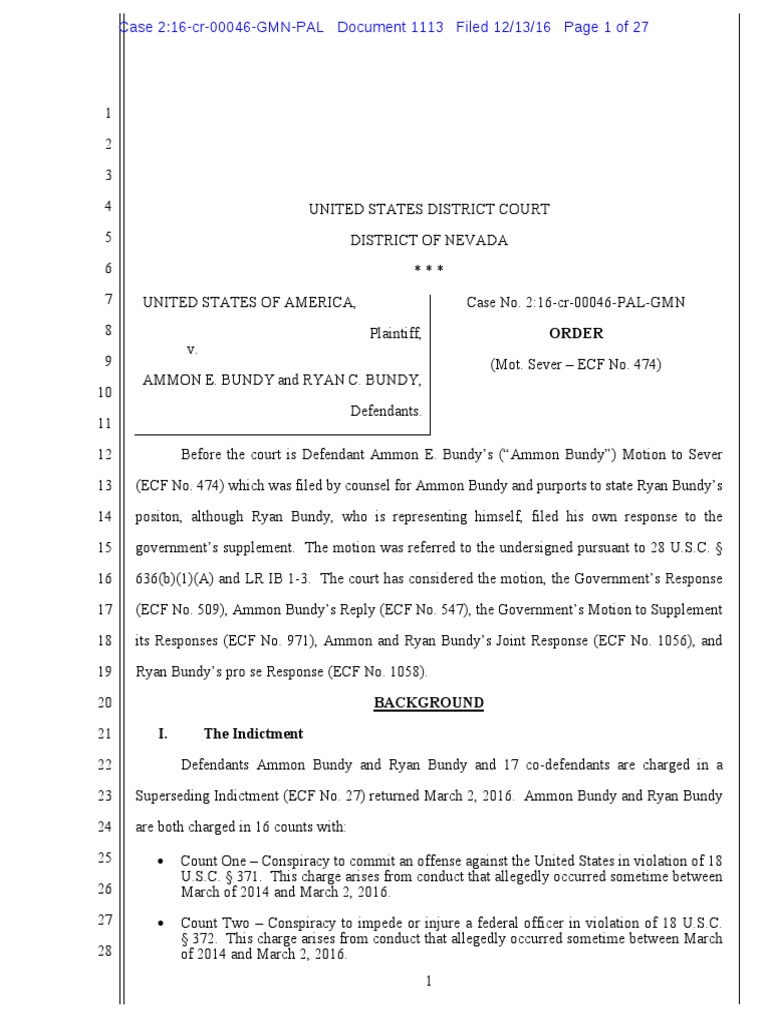 Nevada Order | PDF | Ammon Bundy | Confrontation Clause