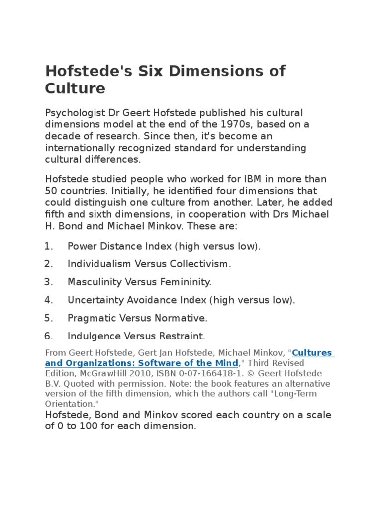 Hofstede's Six Dimensions of Culture: Cultures and Organizations ...