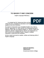 English Proficiency Certificate for Muhammad Irfan