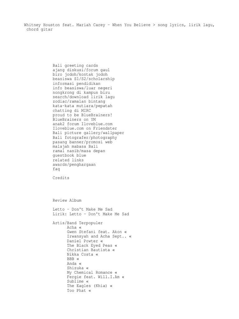 Whitney Houston Feat Mariah Carey When You Believe Song Lyrics Lirik Lagu Chord Gitar Pdf Musicians Leisure