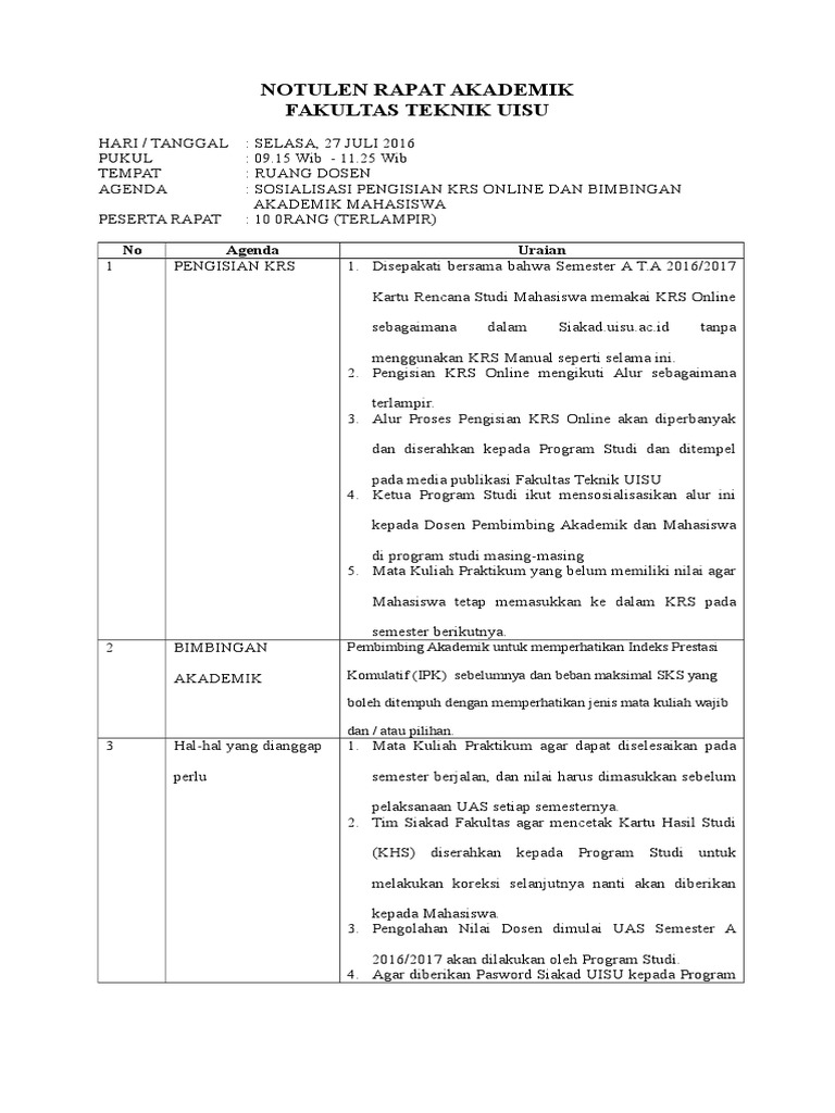Notulen Rapat Akademik Fakultas Teknik Uisu: No Agenda Uraian