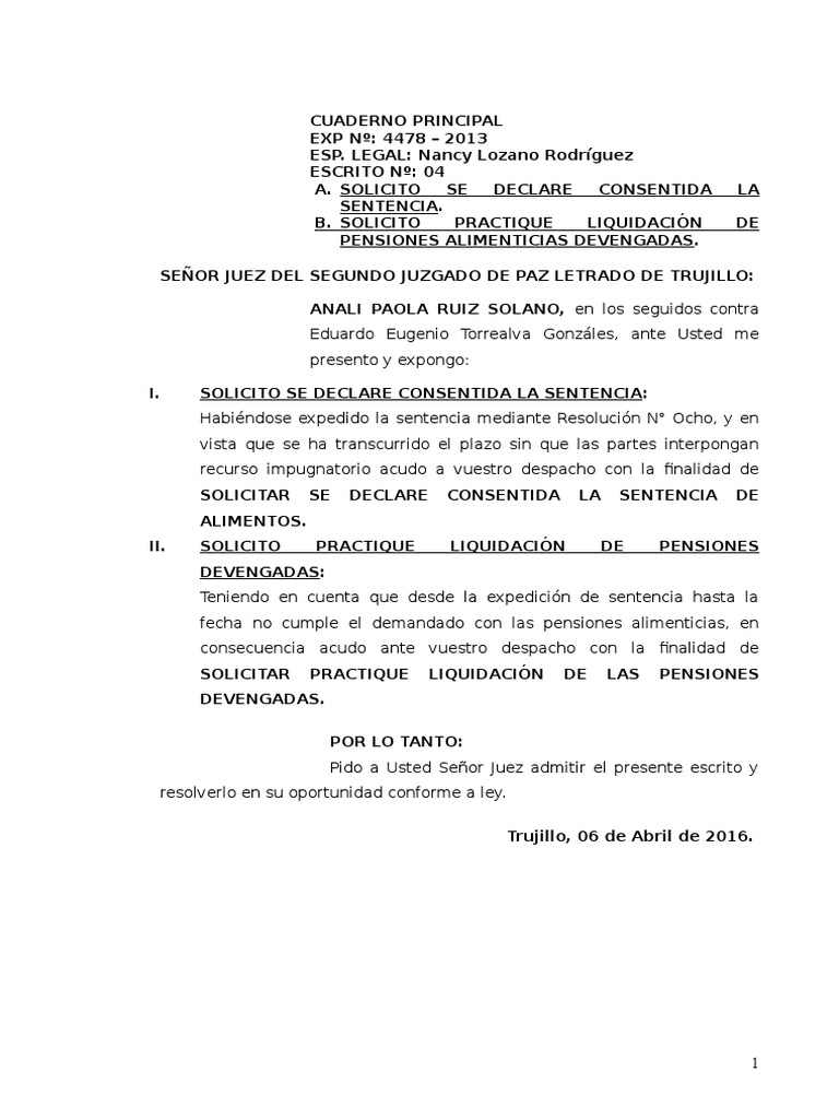 Solicito Declare Consentida La Sentencia y Liquidacion | PDF