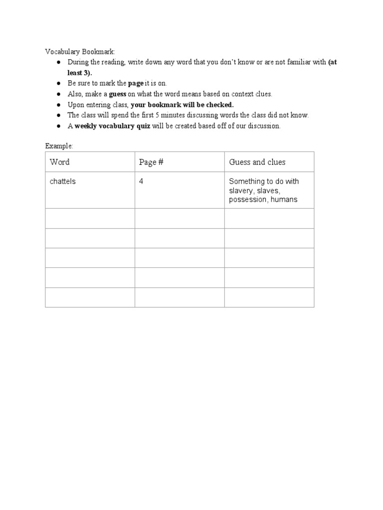 Vocabulary Bookmark Guide | PDF