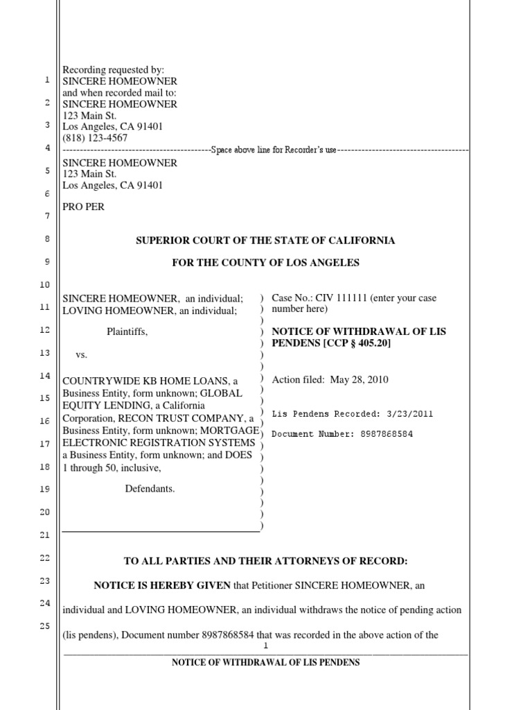 Withdrawal of Lis Pendens PDF Land Lot Real Estate Law