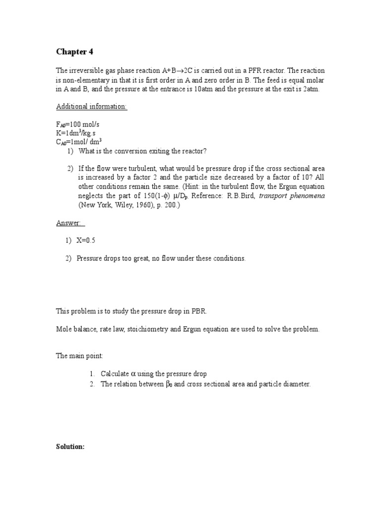 PFR Reactor Analysis and Pressure Drop | PDF | Thermodynamics ...