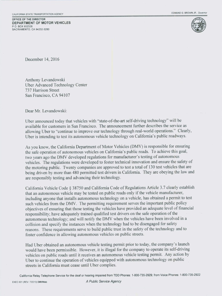 CA DMV Letter To Uber ATG's Anthony Levandowski | PDF