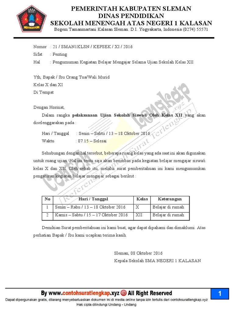 Contoh Surat Keterangan Kelas 12