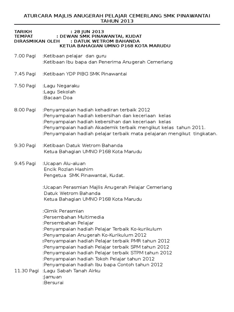 Aturcara Majlis Anugerah Kecemerlangan Pelajar Smk Pinawantai Pdf