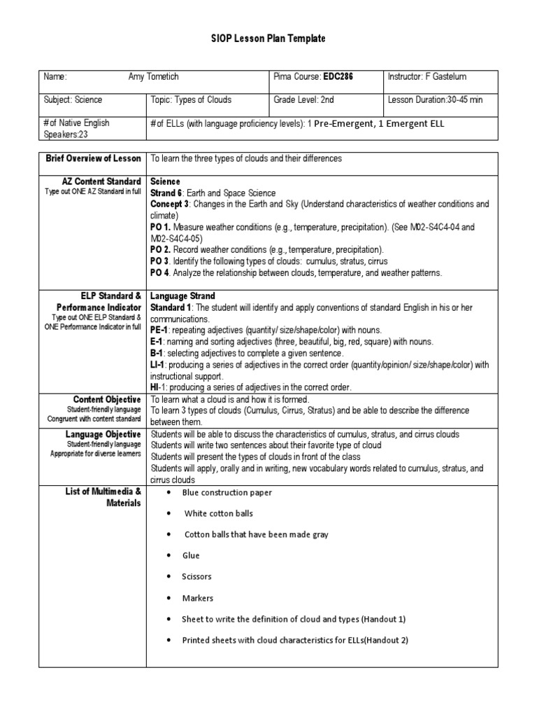 Siop Cloud Lesson Plan PDF Cloud Lesson Plan