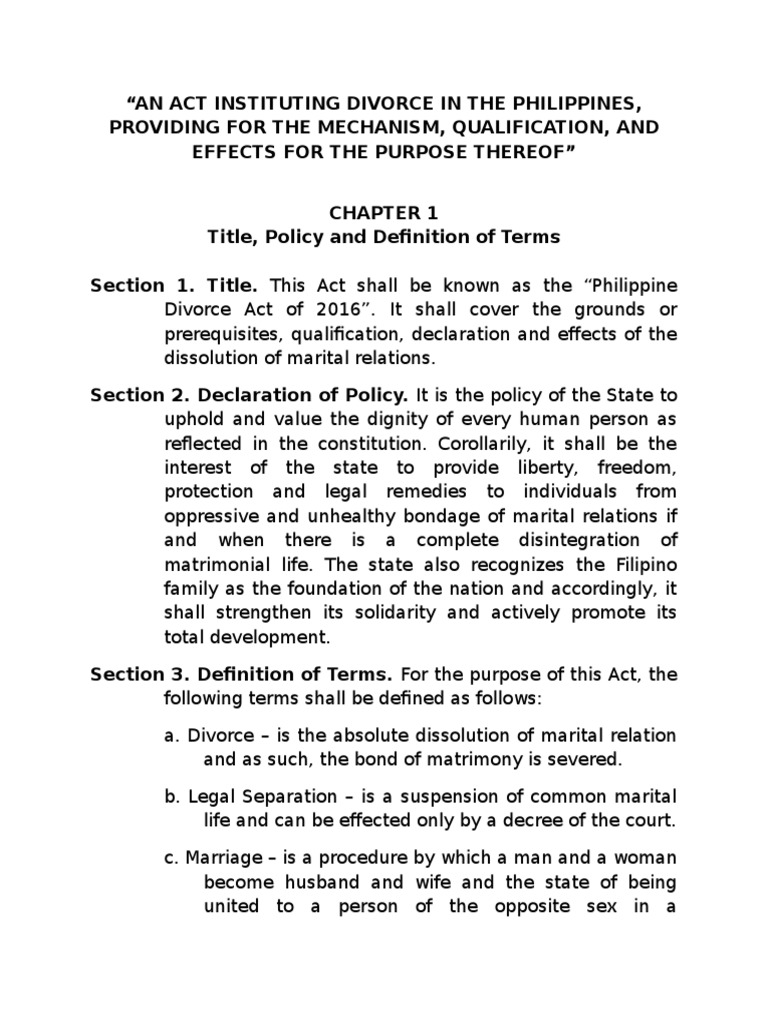 An Act Instituting Divorce in The Philippines PDF Divorce Adultery