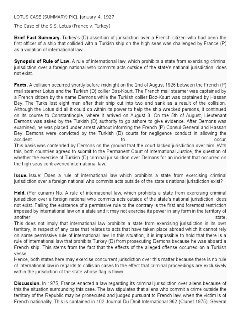 Lotus Case PDF Jurisdiction International Law