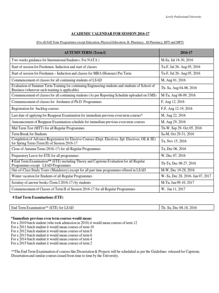 Academic Calendar For Allfulltimeprogrammes1617 PDF Academic Term