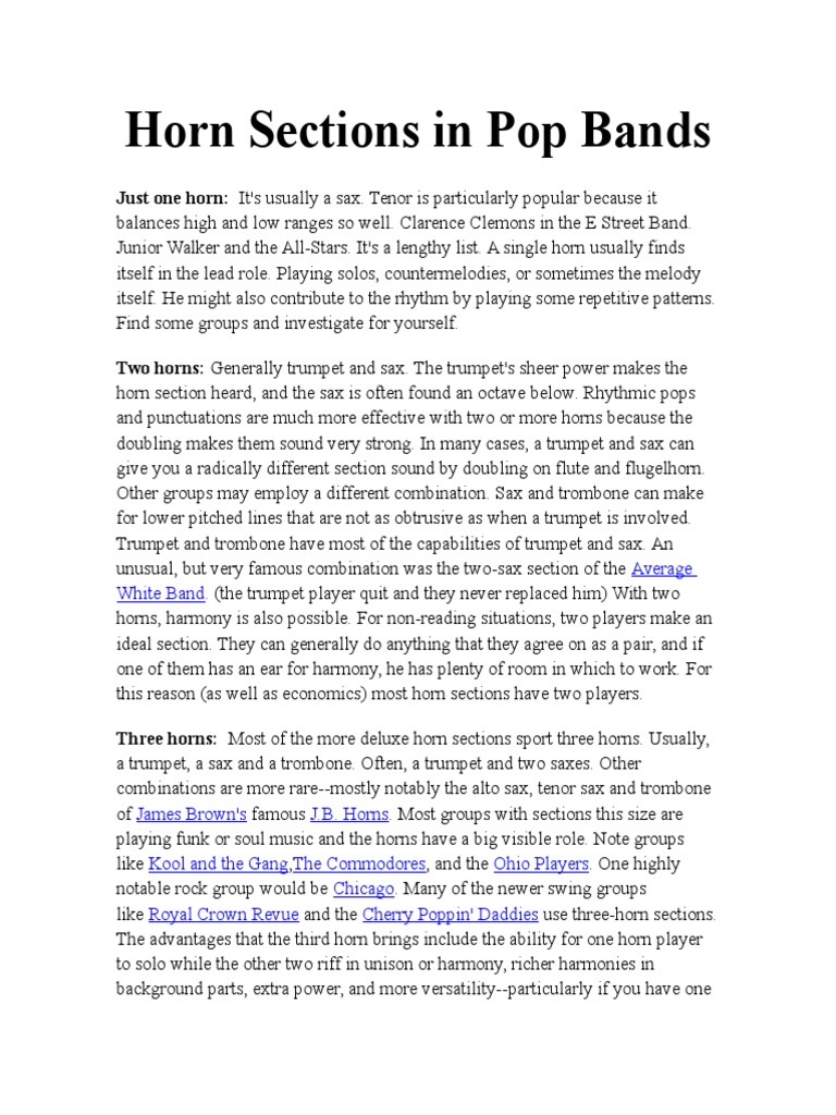 Horn Sections in Pop Bands PDF Saxophone Tenor Saxophone